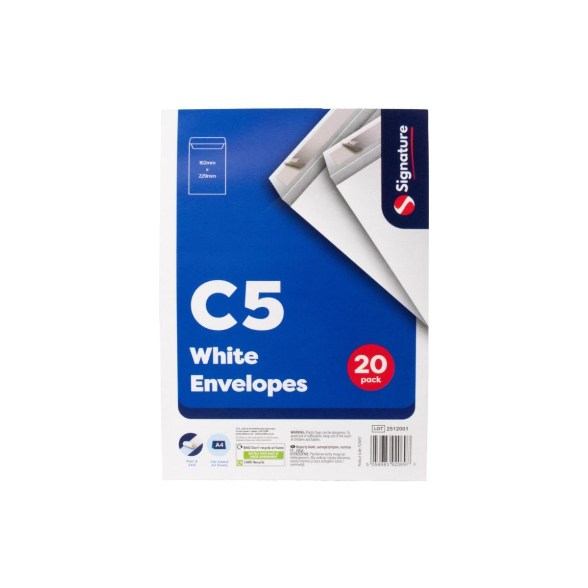 White peel and Seal C5 envelope 20pk - 12 Units