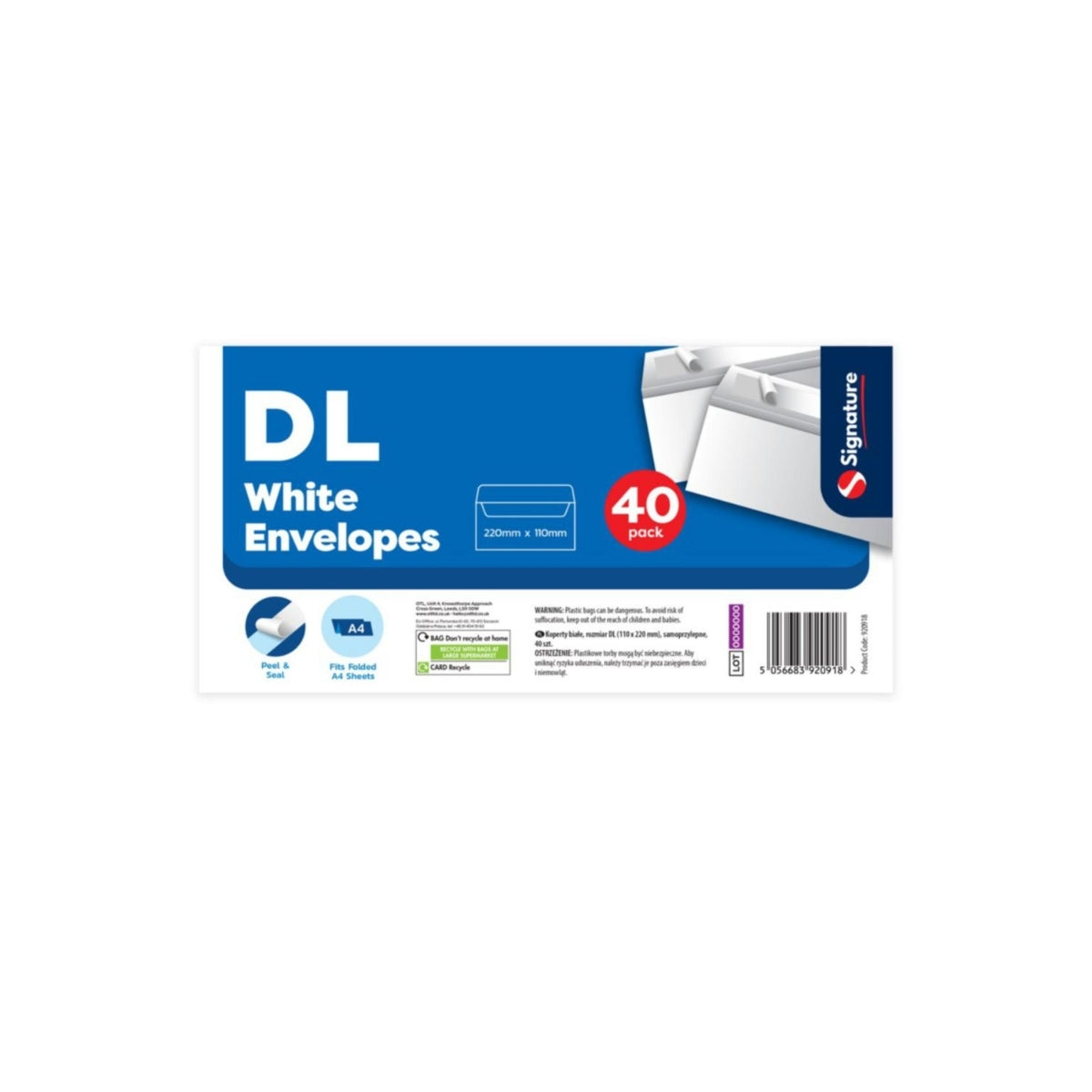 DL size white envelopes peel and seal 40pk - 12 Units